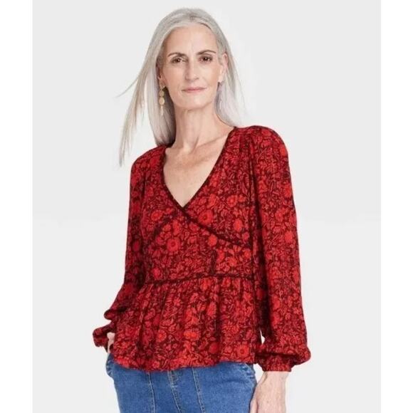Knox Rose Blouse Womens XS Red Floral Long Sleeves V-Neck Boho 90s Retro Y2K - Picture 5 of 9